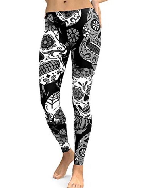 sissycos Women's Sugar Skull Printed Leggings Brushed Buttery Soft Ankle Length Tights