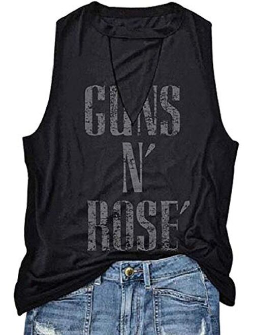 FAYALEQ Rose' Hollow Out V-Neck Tank Tops Letters Print Sleeveless T-Shirt for Teen Girls Women