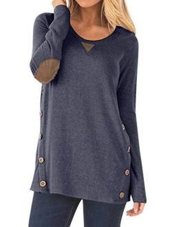 Spadehill Women Long Sleeve Shirt with Faux Suede Elbow Patches and Button