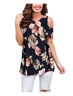 Luranee Womens Cold Shoulder Shirts Short Sleeve Crew Neck Floral Tunic Tops