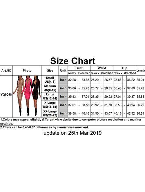 YIQ8 Women's Sexy Zipper Front Deep V Neck Bodycon Mini Club Plus Size Dresses
