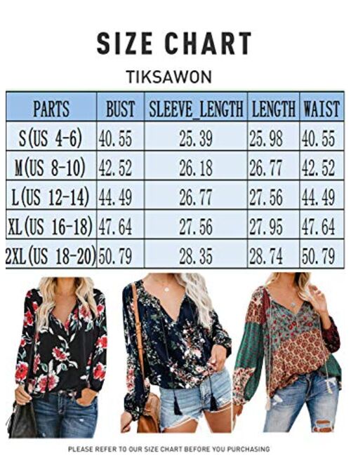 Tiksawon Women's Floral Print V Neck Long Sleeve Shirts Tops Casual Loose Boho Blouses
