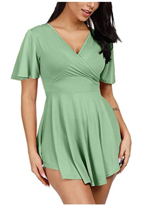 Zaoqee Women's Wrap V Neck Empire Waist Tunic Short Sleeve High-Low Ruched Tops