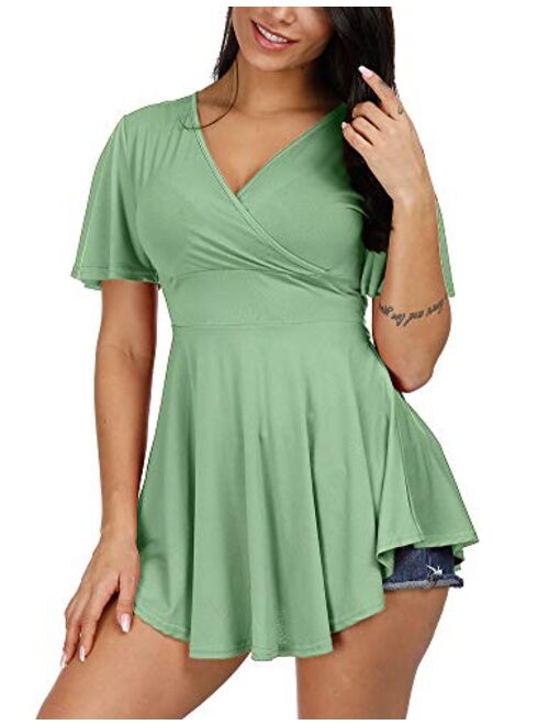 Zaoqee Women's Wrap V Neck Empire Waist Tunic Short Sleeve High-Low Ruched Tops