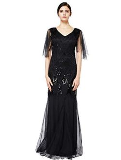 FAIRY COUPLE 1920s Floor-Length V-Back Sequined Embellished Prom Evening Dress D20S004
