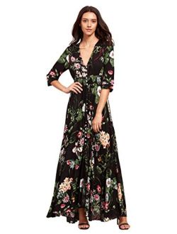 Women's Button Up Split Floral Print Flowy Party Maxi Dress Green