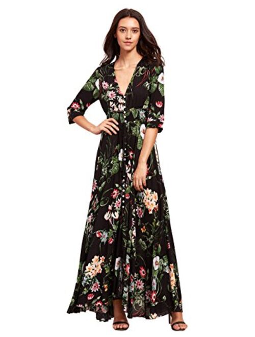 Milumia Women's Button Up Split Floral Print Flowy Party Maxi Dress Green