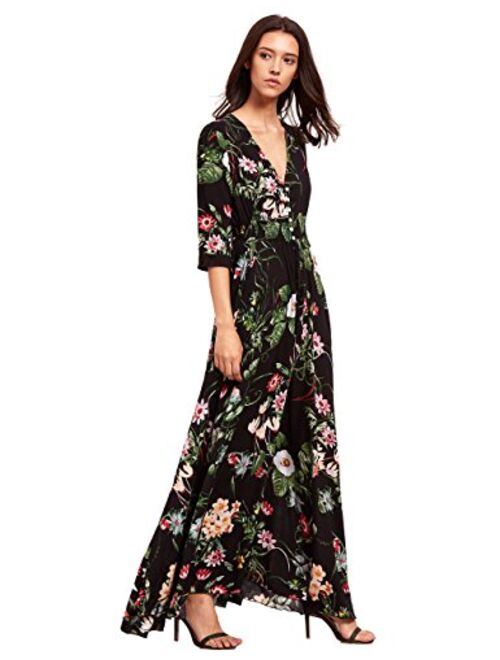 Milumia Women's Button Up Split Floral Print Flowy Party Maxi Dress Green