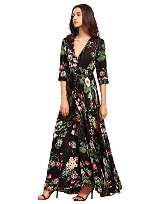 Milumia Women's Button Up Split Floral Print Flowy Party Maxi Dress Green