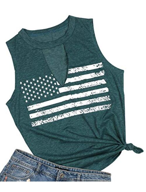Women's Patriotic Shirt USA Flag Letters Print Sleeveless T-Shirt Hollow Out V-Neck Tank Tops 4th of July Tee Tops