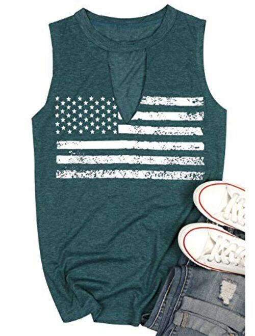 Women's Patriotic Shirt USA Flag Letters Print Sleeveless T-Shirt Hollow Out V-Neck Tank Tops 4th of July Tee Tops