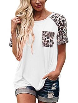Topstype Womens Short Sleeve Tops Crew Neck Casual Leopard Shirts with Pocket Tee