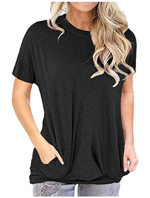 Women Casual Long Sleeve Round Neck Shirts Loose Pockets Pullover Blouse Tunic Tops