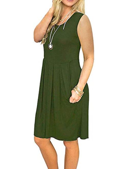 TODOLOR Women Casual Pleated Swing Pocket Loose Sleeveless Sundresses Knee Length Summer Tank Dress