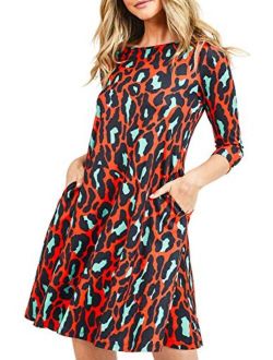Womens Printed Crew Neck A-Line Dresses with Pockets Casual Tropical Floral Novelty Animal Christmas Patterns