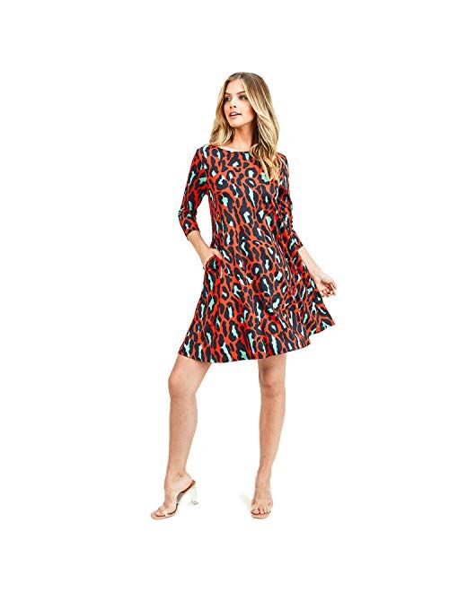 Womens Printed Crew Neck A-Line Dresses with Pockets Casual Tropical Floral Novelty Animal Christmas Patterns