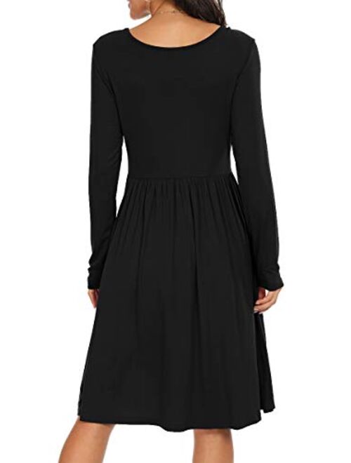 GRECERELLE Women's Long Sleeve Button Casual Plain Swing Dresses Wasp Down A-Line Dress with Pockets
