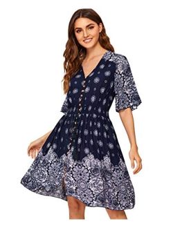 Women's Boho Vintage Floral Print Button Down Ruffle Sleeve Flared Flowy Party Dress