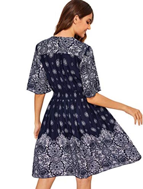 Milumia Women's Boho Vintage Floral Print Button Down Ruffle Sleeve Flared Flowy Party Dress