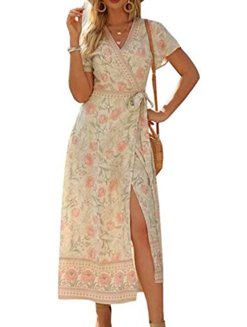 R.Vivimos Summer Short Sleeve Floral Print Front slit Bohemian Beach Waist Tie Wrap Long Flowy Dress