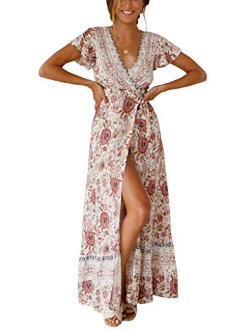R.Vivimos Summer Short Sleeve Floral Print Front slit Bohemian Beach Waist Tie Wrap Long Flowy Dress