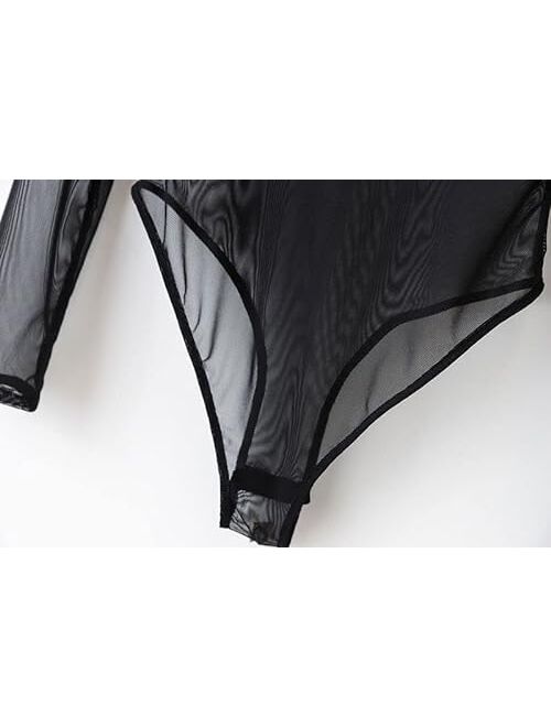 Ysabeloom Women's Sheer Mesh Long Sleeve Bodysuit Tops See Through Jumpsuit Leotard Clubwear