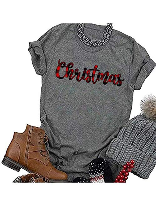 Beopjesk Women's Buffalo Plaid Tees Casual Short Sleeve Merry Letter Printed Graphic Blouse Tops