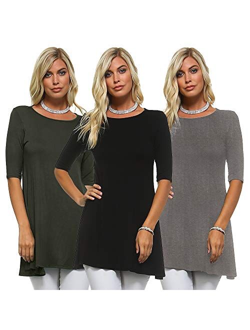 Isaac Liev Women's Tunic Top 3 Pack Casual 3/4 Sleeve Scoop Neck Long Flowy Swing Basic Blouses T Shirts Made in USA
