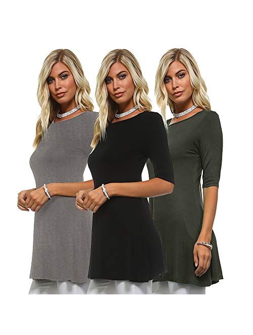 Isaac Liev Women's Tunic Top 3 Pack Casual 3/4 Sleeve Scoop Neck Long Flowy Swing Basic Blouses T Shirts Made in USA