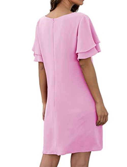 QIXING Women's Summer Casual Loose Mini Dress V-Neck Bell Short Sleeve Shift Dress