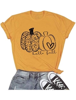 Halloween Pumpkin Shirt Women Plaid Leopard Graphic Tees Funny Cute Short Sleeve Fall Shirt Thanksgiving Gift Tops