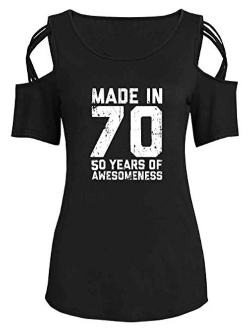 Rfecccy Women's 50th Birthday Gifts-Made in 70 Print Cold Shoulder Short Sleeve T-Shirts Crew Neck Casual Tops