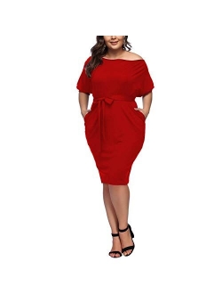 HOOYON Plus Size Dress Women's Off Shoulder Short/Long Sleeve Bodycon Mini Dress