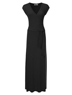 NINEXIS Women's V-Neck Cap Sleeve Waist Wrap Front Maxi Dress