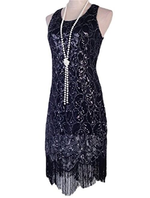 VIJIV Women's 1920s Gastby Sequined Embellished Fringed Paisley Flapper Dress