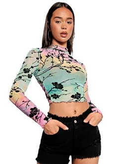 Women's Long Sleeve Mock Neck Angel Print Sexy Sheer Mesh Crop Top