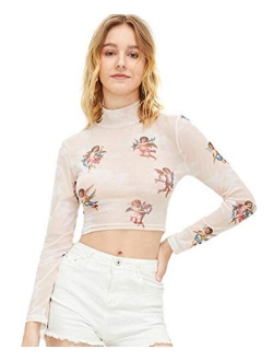 Women's Long Sleeve Mock Neck Angel Print Sexy Sheer Mesh Crop Top