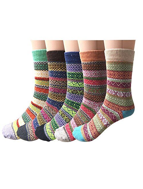 Justay 5 Pairs Womens Wool Socks Vintage Soft Cabin Warm Socks Thick Knit Cozy Winter Socks for Women Gifts