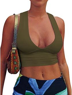 AEPEBO Women's Sexy Deep V Neck Back Cutout Tight Sleeveless Racerback Tank Crop Tops
