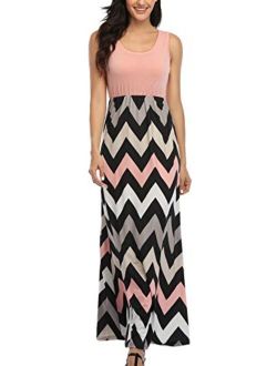 Lacavocor Womens Summer Maxi Dress Tank Top Casual Sleeveless Long Dresses with Striped Floral Print