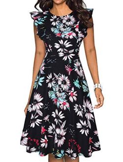 IHOT Women's Vintage Ruffle Floral Flared A Line Swing Casual Cocktail Party Dresses with Pockets
