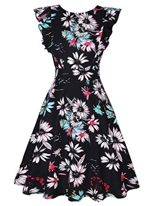 IHOT Women's Vintage Ruffle Floral Flared A Line Swing Casual Cocktail Party Dresses with Pockets