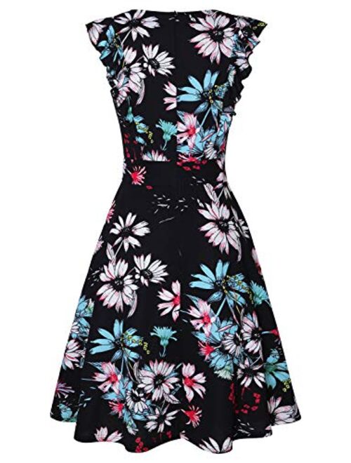 IHOT Women's Vintage Ruffle Floral Flared A Line Swing Casual Cocktail Party Dresses with Pockets