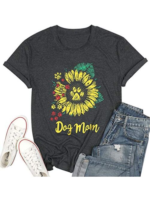 Dog Mom Shirt Tees for Women Letter Print Dog Lover Tees Sunflower Casual Short Sleeve Mom Gift Tops