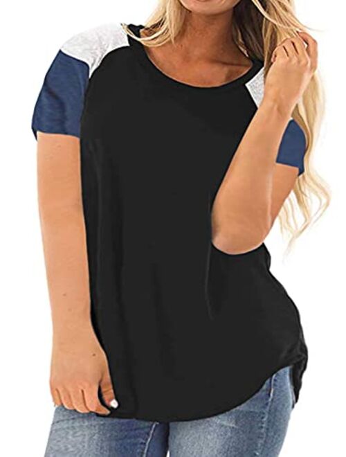 ROSRISS Plus Size Tops for Women Summer Raglan Color Block T Shirts Short Sleeve Loose Fit Tee