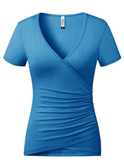 Beauhuty Women's Top Deep V Neck Slim Fitted T-Shirt Front Surplice Wrap Ruched Short/Long Sleeve Tees