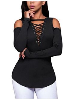 Defal Women's Sexy V-Neck Cold Shoulder Long Sleeve Blouse Shirt Slim Lace-Up Ribbed Stretchy T-Shirt Top
