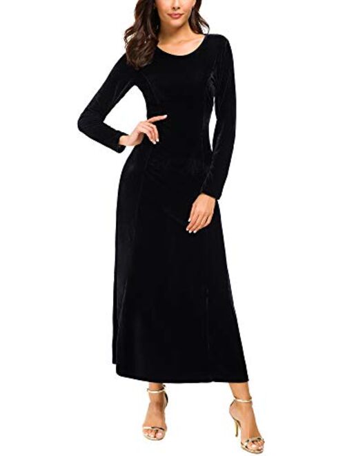 Urban CoCo Women's Elegant Long Sleeve Ruched Velvet Stretchy Long Dress
