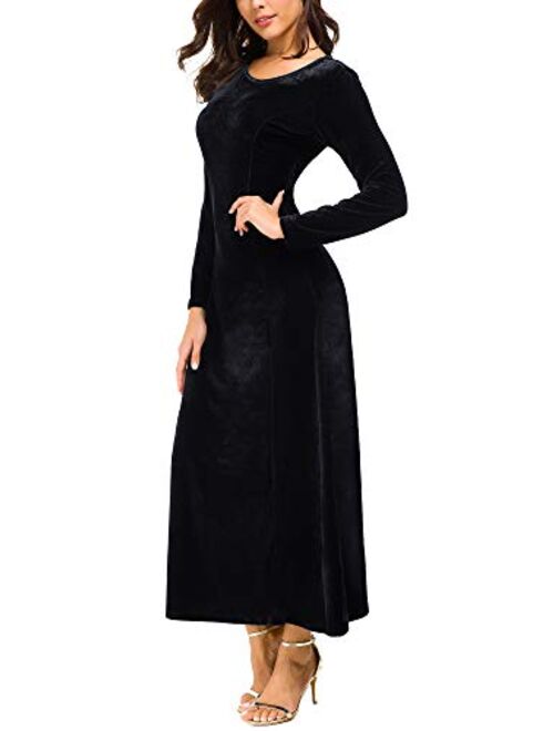 Urban CoCo Women's Elegant Long Sleeve Ruched Velvet Stretchy Long Dress