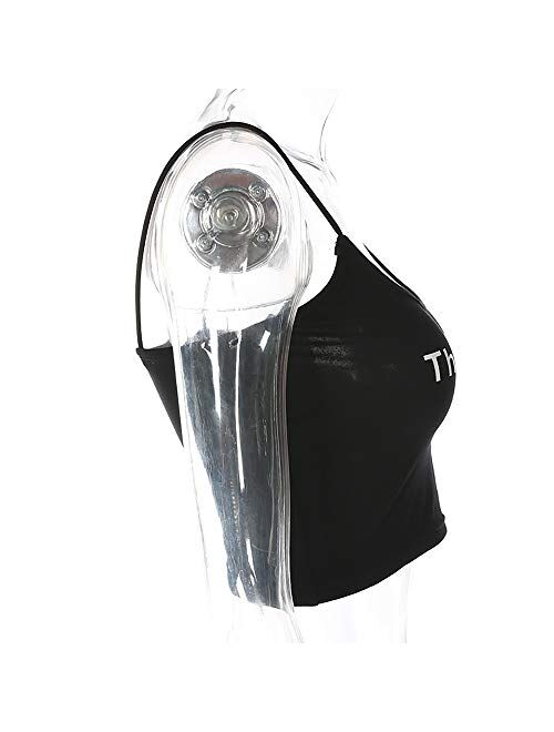 Mikilon Women Cute Printed Spaghetti Strap Backless Crop Top Slim Waist Harajuku Streetwear Camis